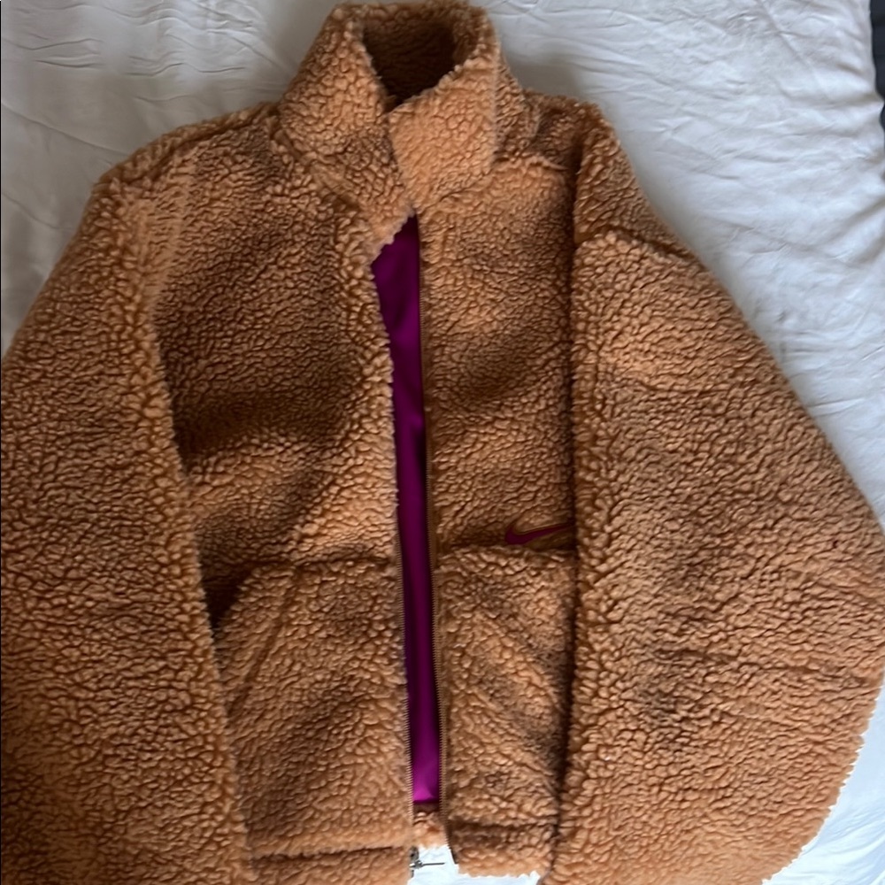 Tan Sherpa Jacket with Purple Accents